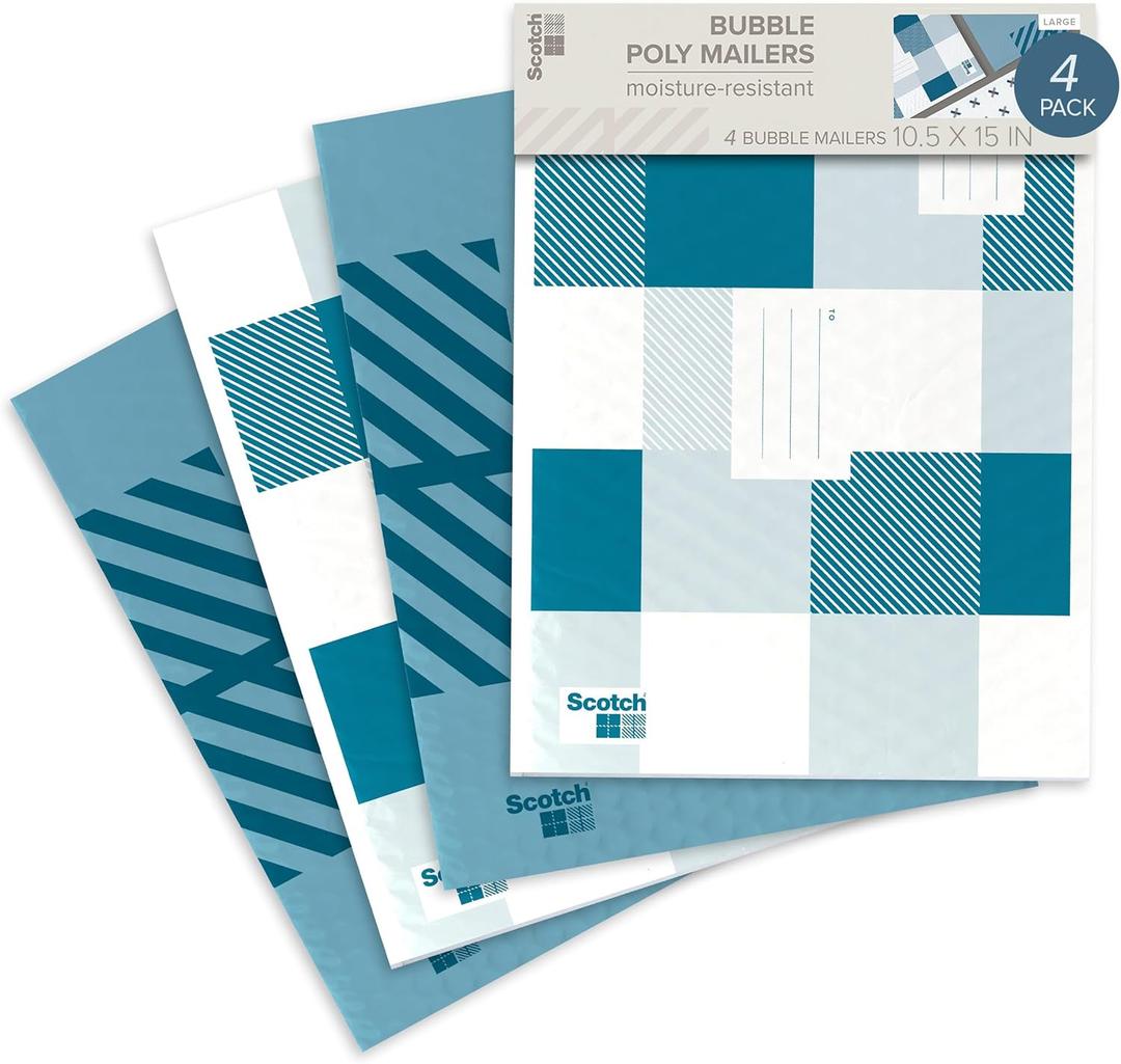 Scotch Poly Bubble Mailers, Assorted Blue Designs, Size 5 Large, 10.5 in x 15 in, 4 Mailers