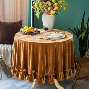 GLORY SEASON Velvet Tablecloth Luxurious Solid Round Table Cloth,Oblong Retro Farmhouse Ruffle Tablecloths Washable Table Cover for Party Wedding Baby Shower Kitchen Dinning Tabletop Decoration