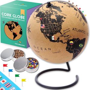 Large Cork Globe 12.6" Tall | World Travel Map with Metallic, Colored & National Flags Push Pins | 3D World Map Pin Board for Home or Office | Unique Gift for Travelers, Couples & Families (Black)
