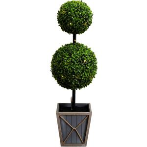 Nearly Natural 3ft. UV Resistant Artificial Double Ball Boxwood Topiary with LED Lights in Decorative Planter (Indoor/Outdoor)