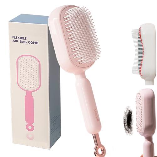 Retractable Cushion Massage Comb, Self-Cleaning Hair Brush with One-Pull Design, Anti-Static Detangling Brush for Long, Curly, Thick Hair (1 Pink)