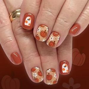 Halloween Press on Nails Square Short Fake Nails with Pumpkin Daisy Flower Glue on Nails Orange Glossy Acrylic Nails Press ons Cute Ghost Face Nails Full Cover Stick on Nails for Women 24 Pcs