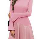 Wenrine Womens Long Bell Sleeve Mini Dress Casual Mock Neck Ruffle Hem Slim Fit Fall Knit Dresses Pink