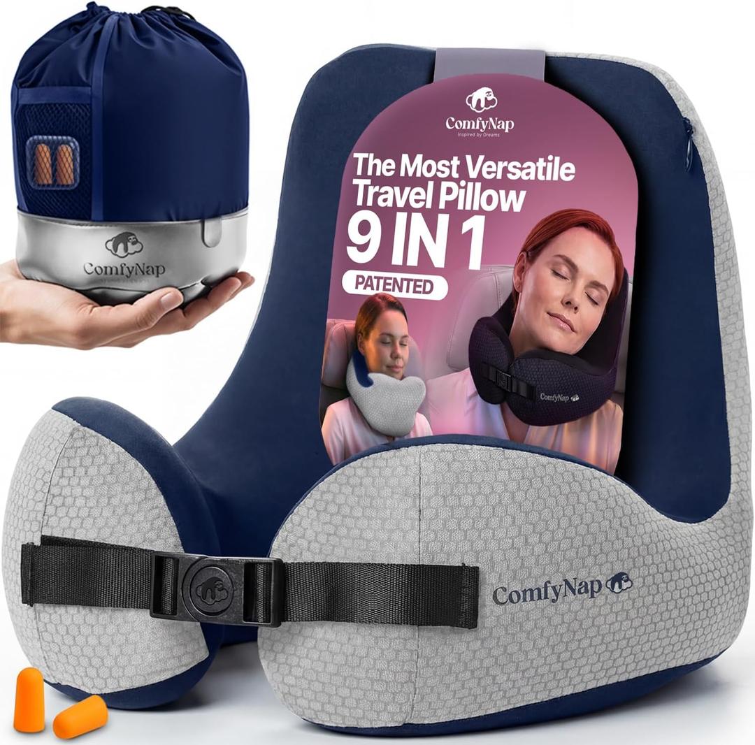 ComfyNap Versatile Travel Neck Pillow for Airplane [Patented], 9 Positions in 3 Techniques, Plane Pillow with Pure Memory Foam, Travel Pillow with HeadRest Flight Sleep, Travel Essential - Earth