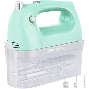 Lord Eagle Hand Mixer Electric Handheld 400W, 5-Speed Lightweight Kitchen Mixer with Storage Case, 5 Stainless Steel Attachments for Baking Cake Egg Cream Food Beater, Turbo+Eject Button, Green