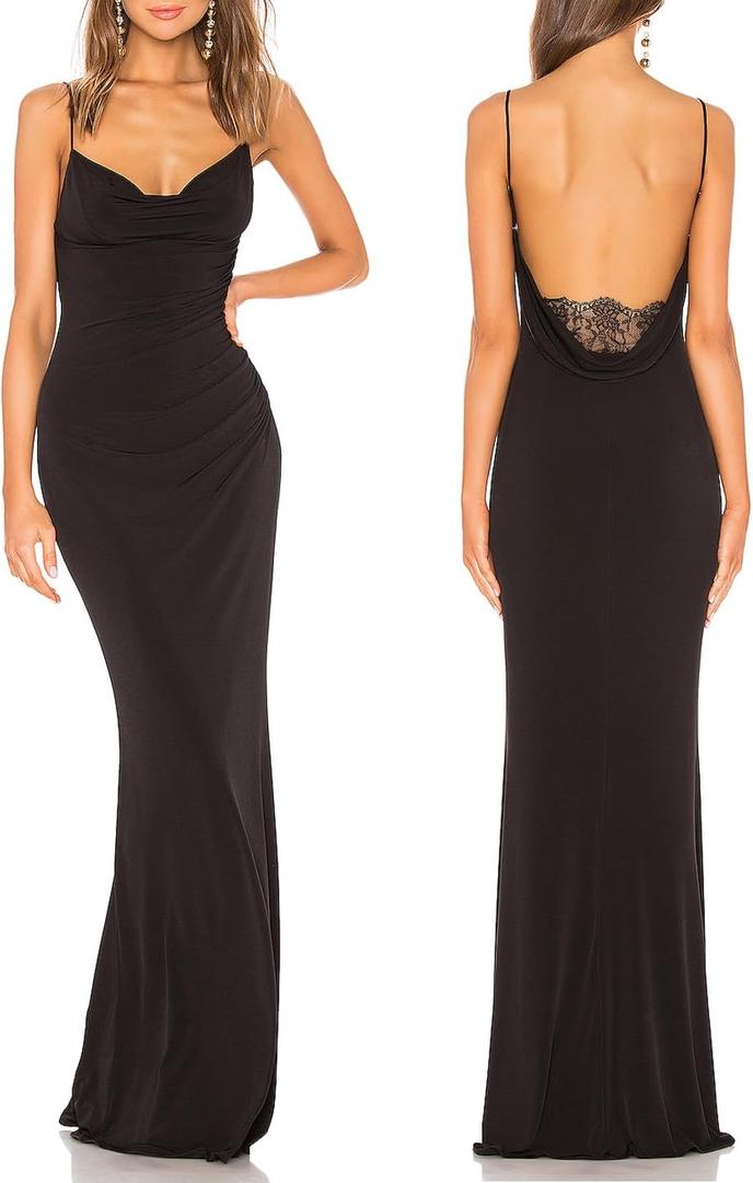 Aigeman Women Spaghetti Straps Mermaid Evening Gown Wedding Guest Dress Drape Neck Lace Backless Formal Maxi Dress 21 (Large, Black)