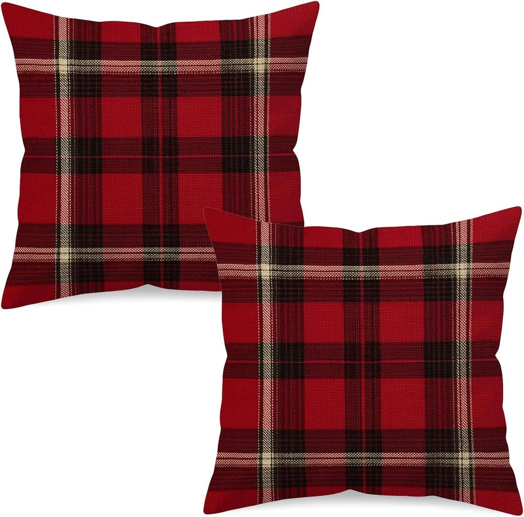 Set of 2 Red Buffalo Plaid Check Throw Pillow Covers 18x18 Inch Rustic Christmas Farmhouse Decorative Cushion Cases Double-Sided Winter Home Decor for Sofa Couch