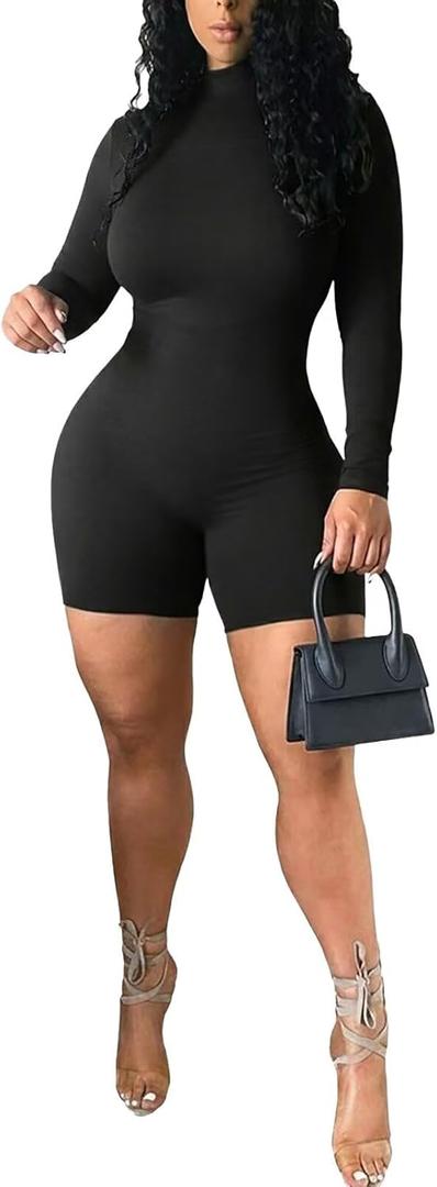 Women's Long Sleeve One Piece Bodycon Short Pants Jumpsuits Rompers High Neck Sexy Tights (Medium, Black)