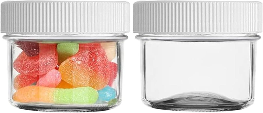 MEM WORLDSHOP Regular Mouth Mason Jars 4 oz - (2 Pack) - Regular Mouth 4-Ounces Mason Jars with White M.E.M Food Storage Plastic Lids - For Storage, Freezing - Leak Proof, Microwave & Diswasher Safe