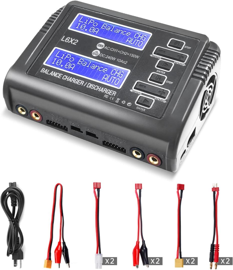 LiPo Battery Charger Dual RC Battery Charger Discharger 240W 10A for 1-6S LiPo LiHV Li-ion Life 1-15S NiCD NiMH PB Smart Batteries, Dual Channel Fast Balance Charger, RC Car Drone Boat