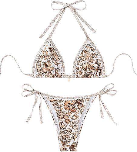 WDIRARA Women's 2 Piece Boho Swimsuits Floral Print Halter String Triangle Bikini Set Beach Bathing Suit ( Multicolor, Small)