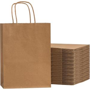 RACETOP 50Pcs 8x4.5x10.8 Inch Brown Gift Bags with Handles, Paper Gift Bags Bulk, Kraft Paper Bags for Craft, Retail, Shopping, Favor