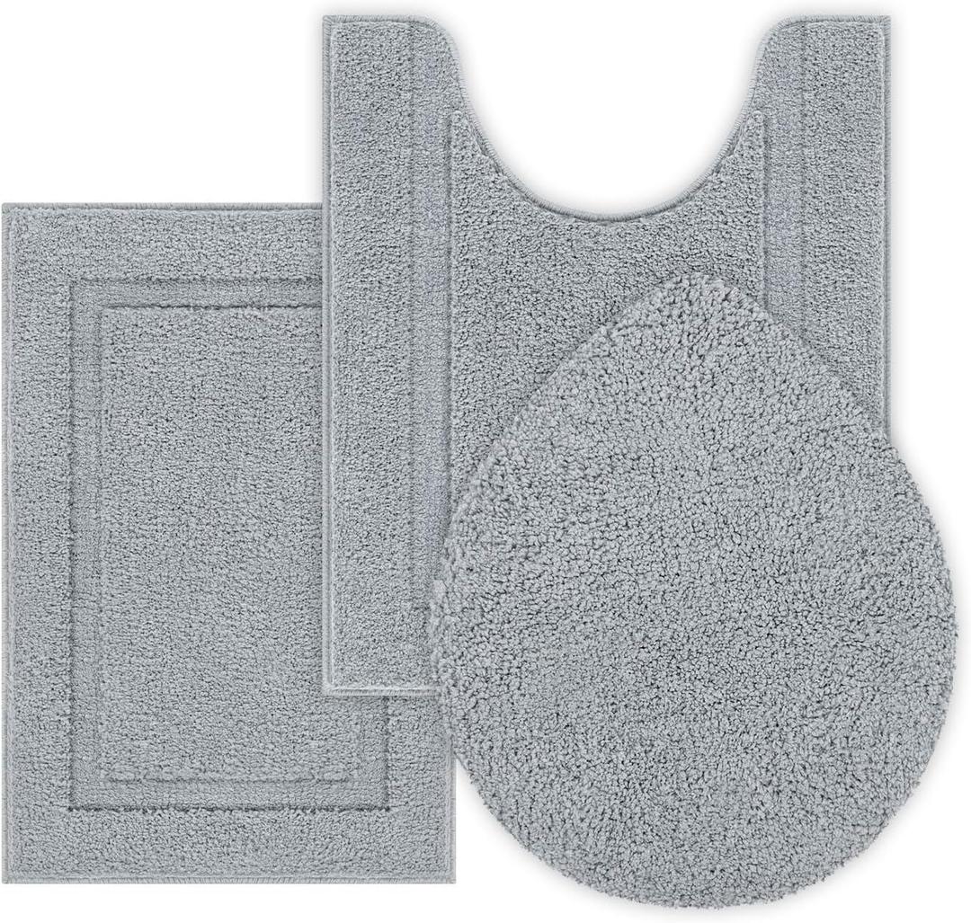 SHACOS Micorfiber Bathroom Rugs Set of 3 Pieces Small Bath Mats 16"x24" with Toilet Lid Cover U Shaped Toilet Rug Fluffy Plush Non Slip Washable Carpet for Bathroom Floor(Light Grey)