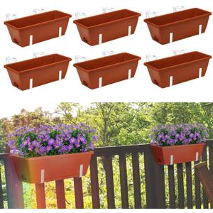 Deck Railing Planter Boxes, 6 Pack Deck Hanging Planters for Railing, 16.9 Inch Balcony Planters Railing Hanging, Railing Hanging Planter, Red and White
