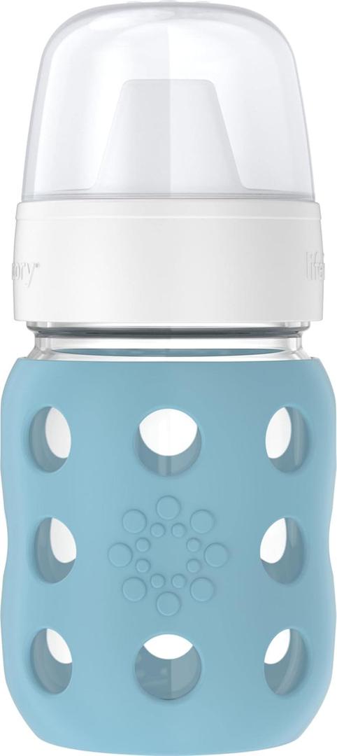 Lifefactory 8-Ounce Wide Neck Glass Baby Bottle with Protective Silicone Sleeve and Hard Sippy Spout, Denim (LG2221WDE4)