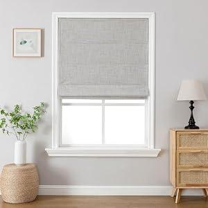 Joydeco Cordless Roman Shades, Linen Fabric Window Blinds, Thermal Insulated Blackout Blinds, Room Darkening Shades for Indoor Windows, Easy to Install, 34" W×75" H, Greyish White