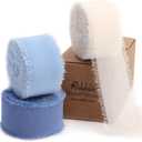 Ribbli Blue Ribbon 1 Inch x 3 Rolls Total 24 Yards Cream/Blue/Dusty Blue Handmade Fringe Chiffon Silk Ribbon for Wrapping Wedding Invitations Bridal Bouquets DIY Crafts Home Decor