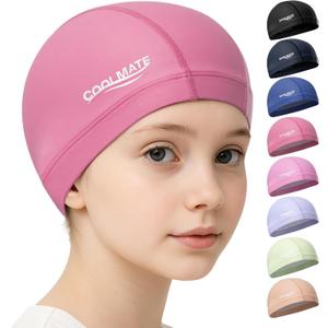 COOLMATE Fabric Swim Cap for Adult Women Men Kid 3 4 6 8 14 16, Silicone Water-Resistant Layer, Cloth Swim Cap Gifts for Swimmers, Lightweight and Comfortable for Pool, Lap Swimming (Dark Pink, XS)