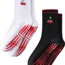 THANTH Pilates Grip Socks for Women Yoga Non Slip Sticky Athletic Crew Grippy Socks Cute Barre Workout Hospital Sock (5-10, 2pack-white+black)