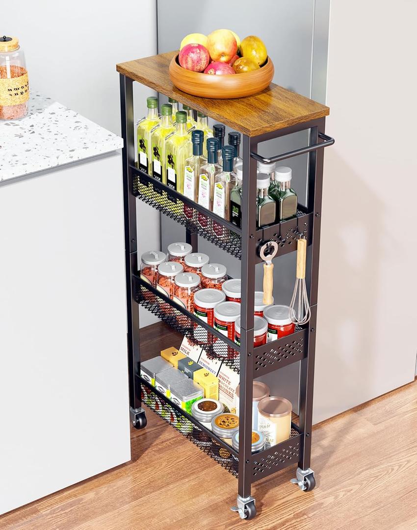 Utility Slim Storage Cart, 4 Tier Small Rolling Kitchen Laundry Room Cart with Wood Top, Metal Narrow Bathroom Storage Cabinet Mobile Shelf Unit Organizer Trolley with Handle for Narrow Space (7.1 inch wide, Black)