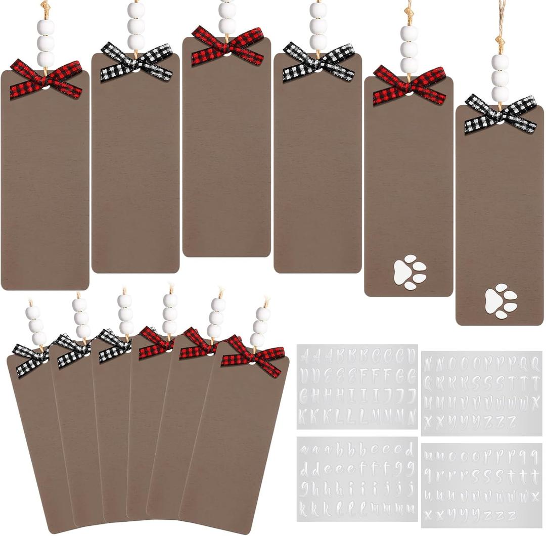 Jetec 12 Pcs Christmas Stocking Wooden Name Tag Personalized DIY Dog Paw Stocking Hanging Tags with Buffalo Plaid Bow and 4 Letter Sticker for Xmas Hanging Ornaments Home Decor(Light Brown)