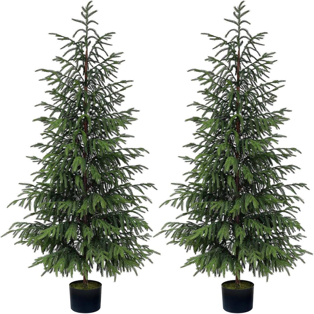 FOTEEWL 5FT Real Touch Norfolk Pine Topiary Trees for Front Porch Decor - Artificial Shrubs Faux Plants Fake Potted for Outdoor Indoor Door Offices Farmhouse Home Decor (Set of 2)