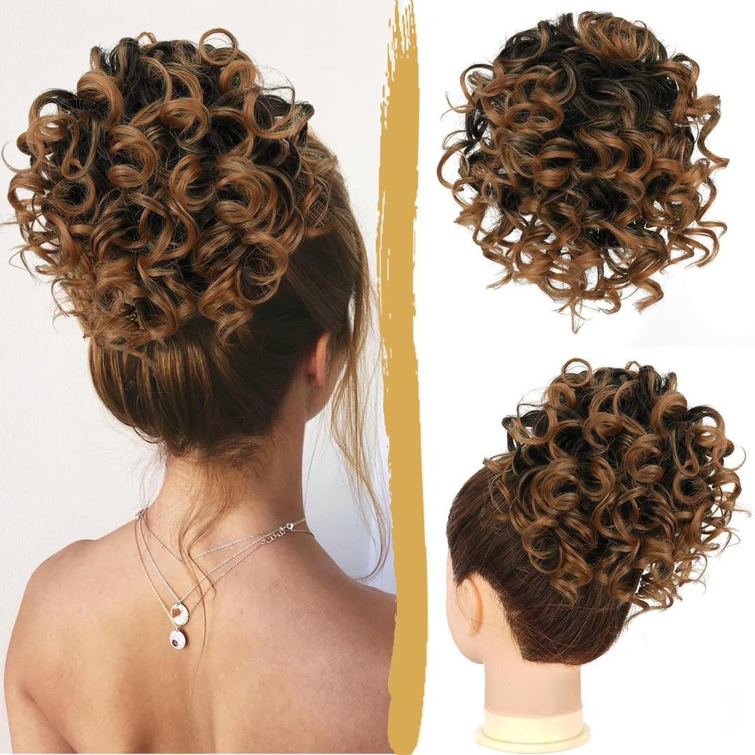 PEACOCO Messy Bun Short Curly Ponytail Extension Elastic Drawstring Loose Hair Bun Hair Pieces for Women High Temperature Synthetic Fiber Bun Extension 80g (Black Mix Brown Ombre)
