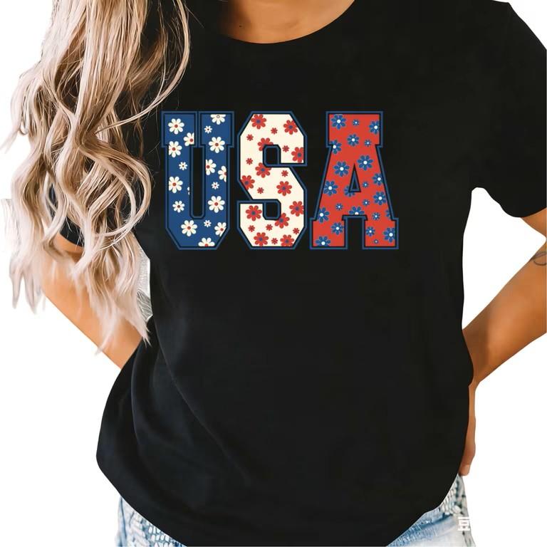 Women's Patriotic USA Floral Print Short Sleeve T-Shirt Black, Large