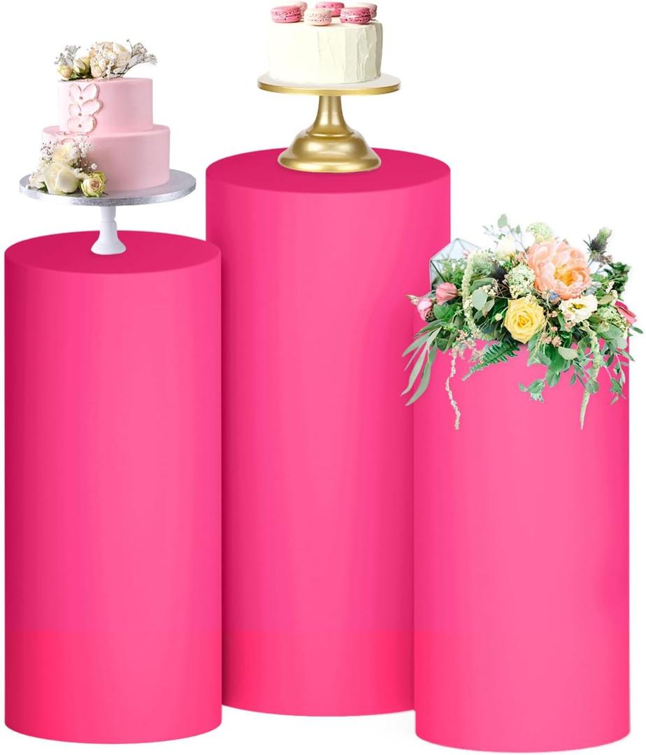 FUHSY Hot Pink Spandex Cylinder Cover Set of 3 Pedestal Cylinder Stand Covers Spandex Plinth Stand Pillar Cover Elastic Pedestal Covers for Cake Dessert Metal Stands Wedding Baby Shower Prom Decor
