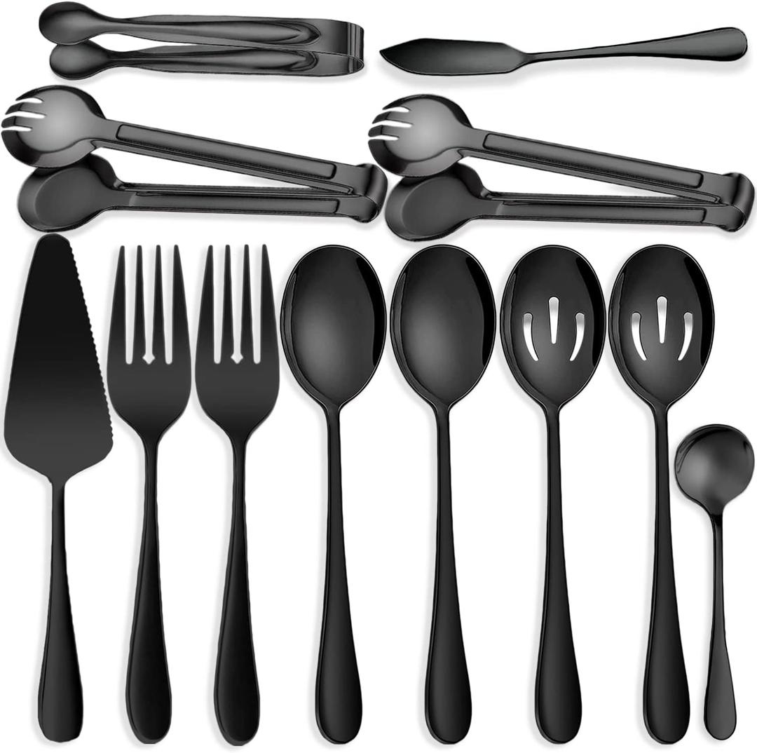 12 PCS Stainless Steel Serving Utensils - Large and Slotted Spoons, Forks, Tongs Bundle, Perfect for Buffet Catering and Parties, Black