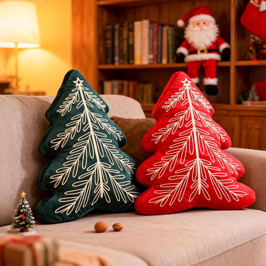 Lanpn Christmas Tree Pillows Set of 2, Line Christmas Tree Decoration Winter Soft Cute 3D Shaped Xmas Tree Throw Cushion for Sofa Bedroom Xmas Decor (20.5x16 inch, Green & Red) (Branches Texture)