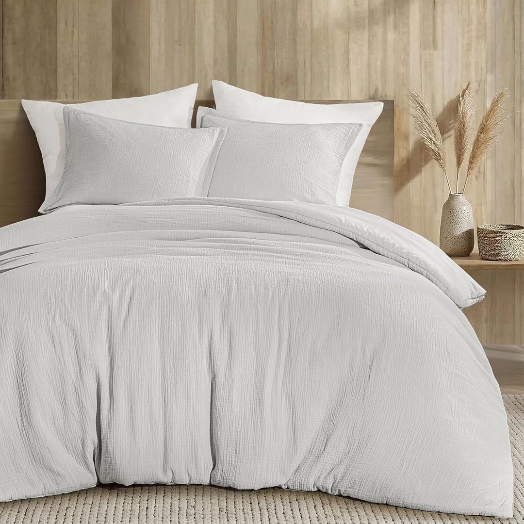 PHF Cotton Muslin Comforter Set King  100% Cotton Cover, Ultra Soft & Breathable, 3PCS Lightweight All-Season Bedding with Polyester Fill, 1 Comforter 104"x90" & 2 Pillow Shams 20"x36", Light Grey