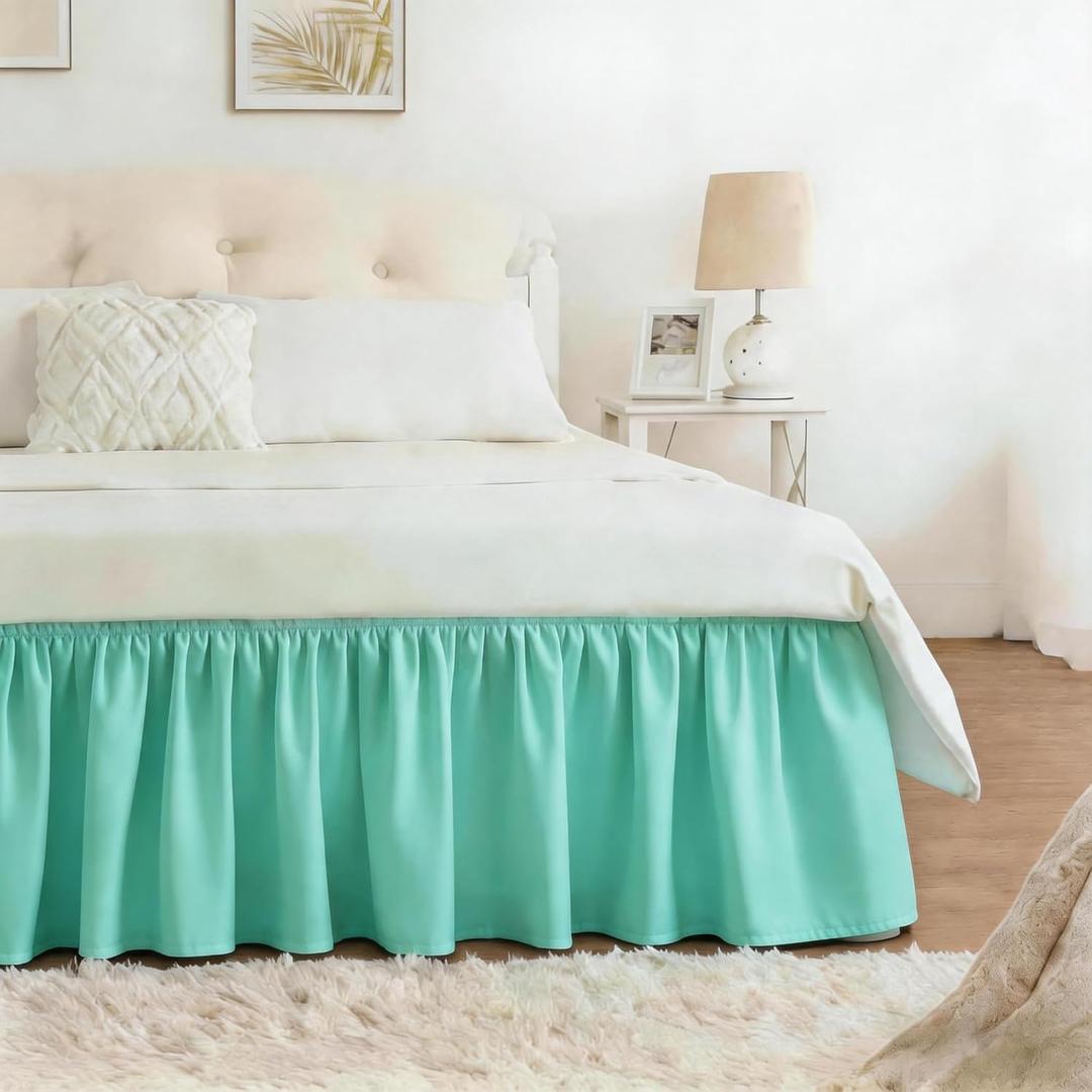 RIMELA Spa Blue Bed Skirt Queen Size 15 Inch Drop, Elastic Bed Skirting for Bed Base and Frame, Bedding Dust Ruffle Easy to Install, Lightweight Wrap Around Adjustable Bedskirt