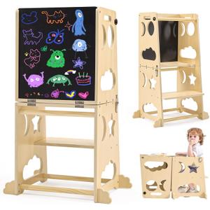 Toddler Kitchen Stool Helper, 4 in 1 Toddler Standing Tower Collapsible Kids Step Stool, Child Standing Tower for Toddlers 1-3 with Safety Rails (Natural)