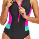 Tempt Me Women Athletic One Piece Swimsuit Zipper High Neck Bathing Suit Racerback Swimwear, Large