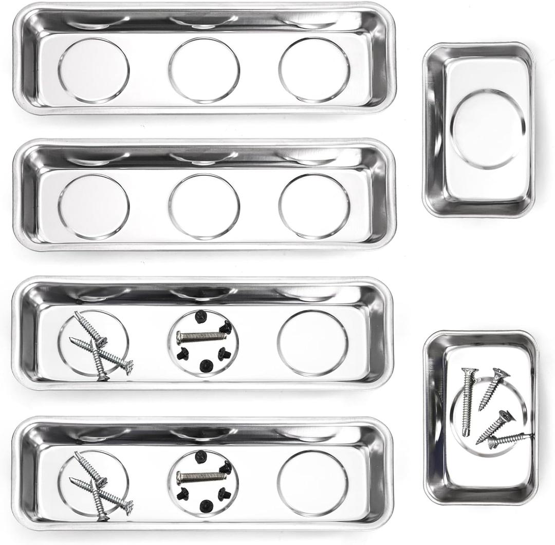 Okllen Set of 6 Small Magnetic Parts Trays, Stainless Steel Magnetic Tray Set for Mechanic's, Extra Strong Magnetic Tool Trays Holder for Socket Screw Nuts Bolts Metal Parts, 8"x2.5"/3.6"x2.5"