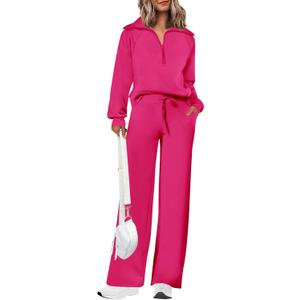 PRETTYGARDEN Women's 2 Piece Tracksuit Outfits Long Sleeve Half Zip Sweatshirt Sweatpants Lounge Set Sweatsuits (Rose Red,Medium)