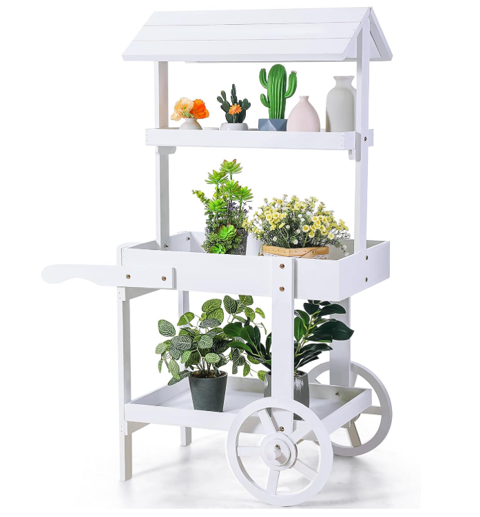 Hanaive Flower Cart Display Stand with Wheels for Bridal Shower Baby Shower Party Large Country Market Vintage Wooden 3 Tier Rolling Table Cart for Display Flower Candy Party Favors and Crafted Items