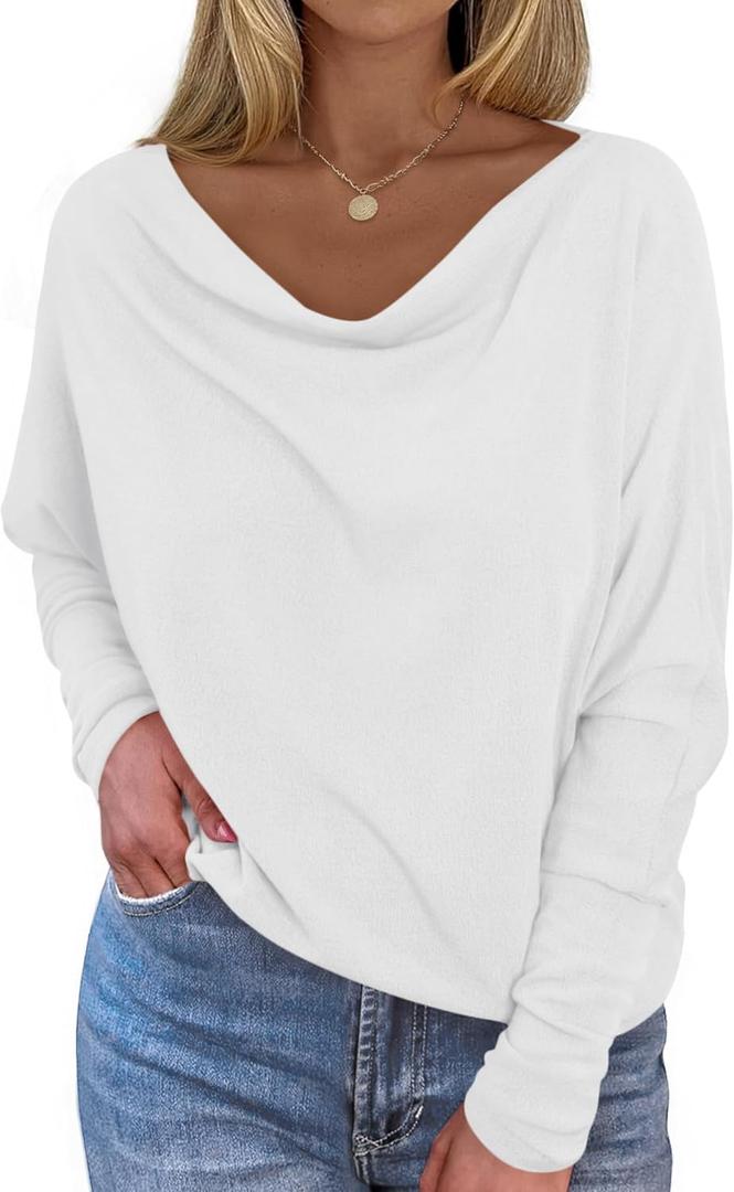 Okiwam Women's Fall Tops Cowl Neck Long Batwing Sleeve Shirts Oversized Tunic Dressy Casual Blouses 2026 Fashion Clothes (White, XS)