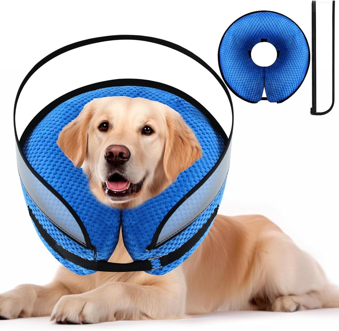 2-in-1 Soft Inflatable Dog Cone Collar Alternative with Enhanced Anti-Licking Guard Shield, Dog Donut Collar After Surgery, Adjustable Cones for Large Medium Small Dogs and Cats (Blue, L)