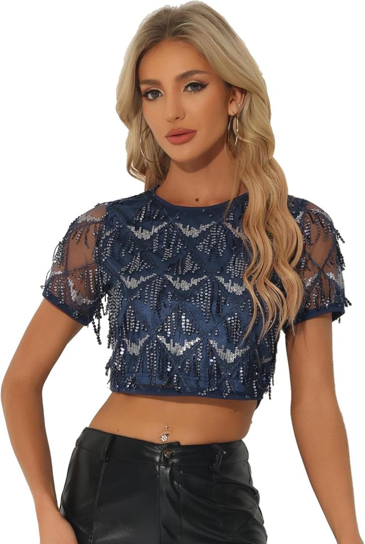 Allegra K Women's Sequin Shiny Glitter Crop Top Christmas Short Sleeves Sexy Party Tassel T-Shirt, M
