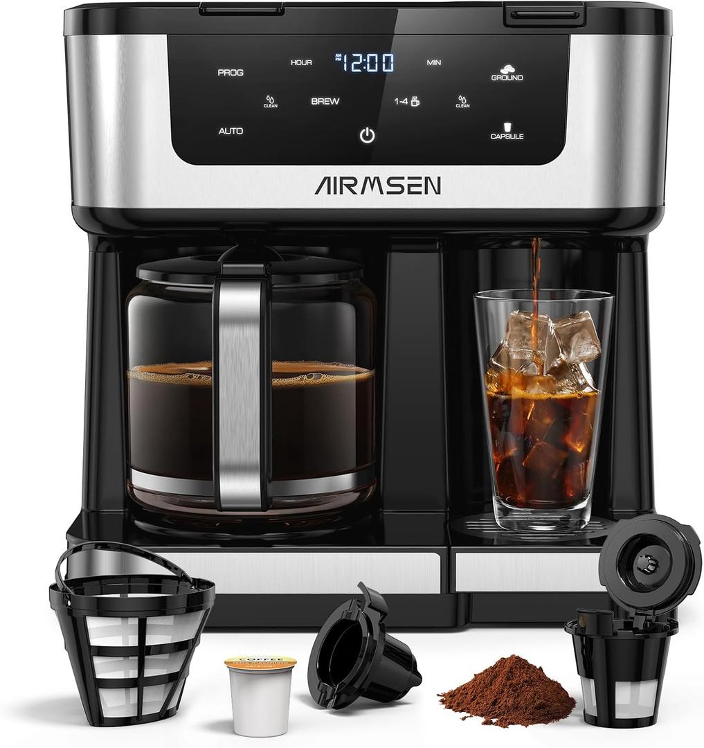 AIRMSEN 12-Cup Programmable Dual Coffee Maker Single Serve Machine for K-Cup Pods & Ground, 1000W Fast Brew, Delay Start, 2H Keep Warm, Touchscreen, 60oz Tank, Glass Carafe Home & Office