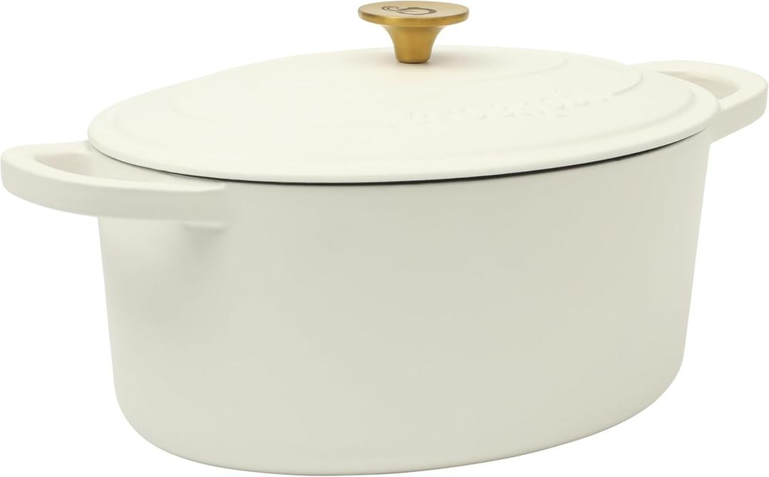 Crock Pot Artisan 7-Quart Oval Dutch Oven With Lid, Enameled Cast Iron, Linen White With Gold Knob, Heavy-Duty Cookware for Baking, Braising, Roasting & Slow Cooking