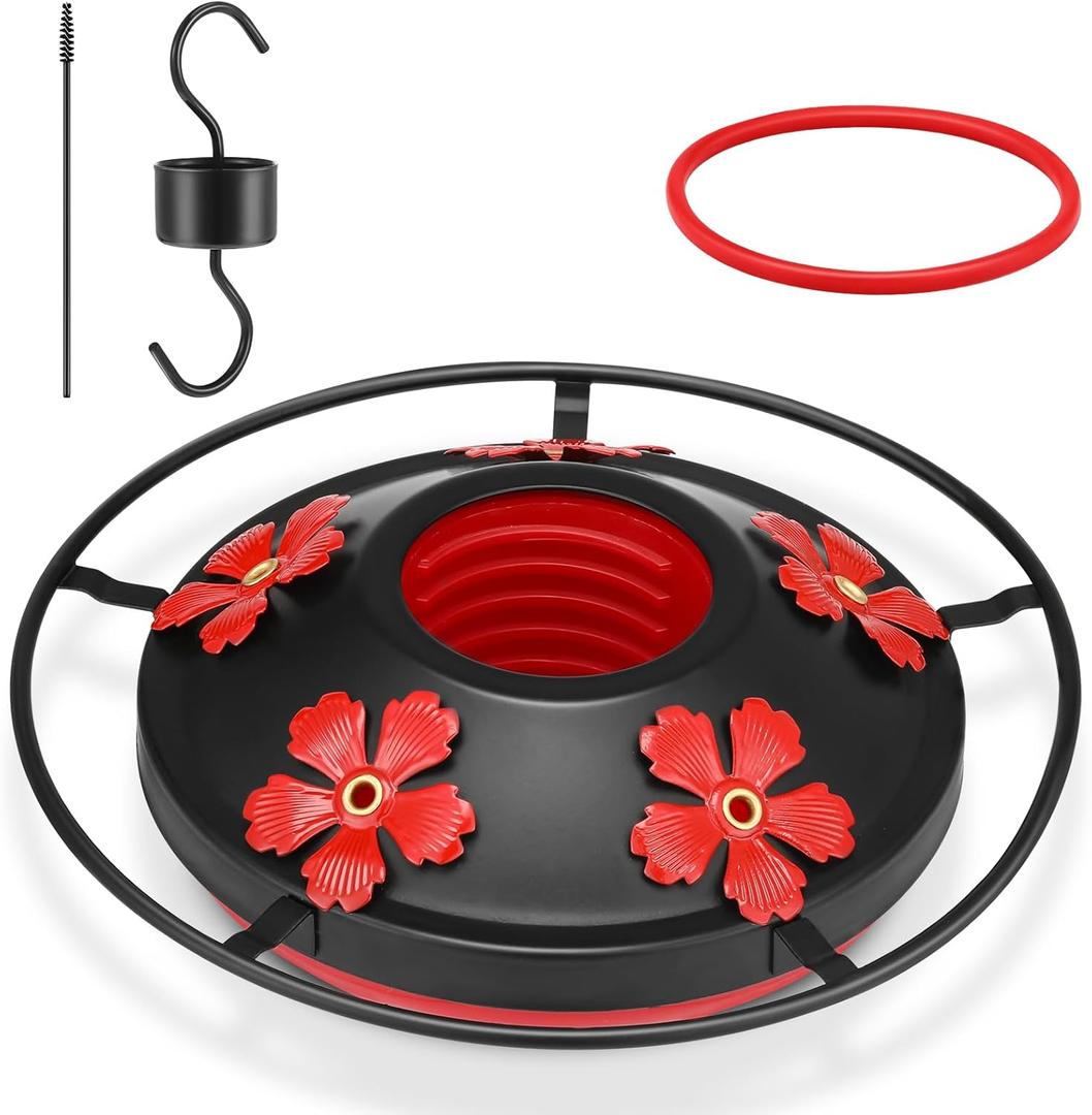 Geelin Hummingbird Feeder Base Replacement Parts Set Hummingbird Feeder Accessories Include Plastic Bottom, Moat Hook, Metal Top, Brush, Replacement Seal Ring, Black