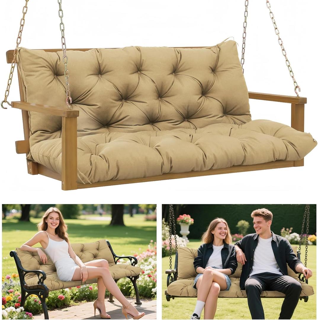 Porch Swing Cushions 60x40 Inch, 5" Extra Thick Waterproof Outdoor Swing Seat Cushion with Backrest & 8 Non-Slip Ties PP Cotton + Memory Foam Fill, Fade-Resistant 3-Seater Replacement for Patio Bench (Khaki)