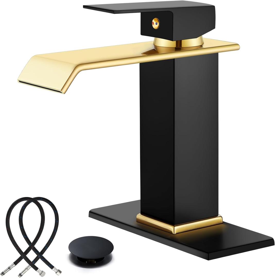 Midanya Waterfall Bathroom Faucets, Single Handle 1 Hole Bathroom Sink Faucet Modern RV Vanity Restroom Lavatory Basin Faucet with Pop Up Drain and Water Supply Lines,Matte Black and Shiny Gold