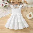 Toddler Girls Summer Smocked Dress Flutter Sleeve Tiered Ruffle Sundress (White, 3-4Y)