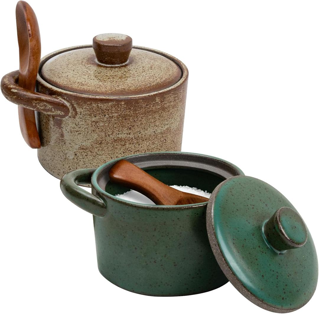 Speckled Ceramic Salt Cellar with Lid and Wooden Spoon, 2 Pcs Elegant Salt Container for Countertop, 8.7 OZ Salt Bowl for Mothers Day, Valentines, Housewarming (Green & Retro Color)