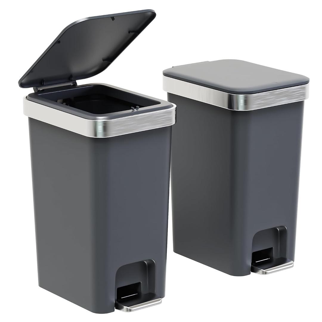 2Pack Small Bathroom Trash Can with Lid Soft Close, 10 Liter/2.6 Gallon Slim Garbage Can-Metal Step and Press top Lid, Mini Modern Waste Basket for Toilet, Office, Bedroom,Dorm,Dark Gray