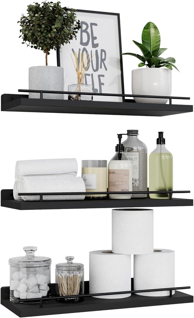 WOPITUES Floating Shelves with Black Metal Guardrail, Shelves for Wall Decor Set of 3, Wall Shelves for Bedroom, Bathroom, Kitchen, Living Room, Plants, Picture Frames, Art Black (15.7 inch)